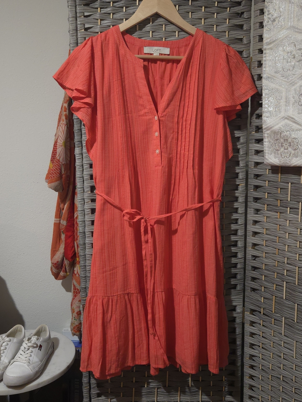 LOFT Coral-Red Pleated Midi Dress with Tie Waist